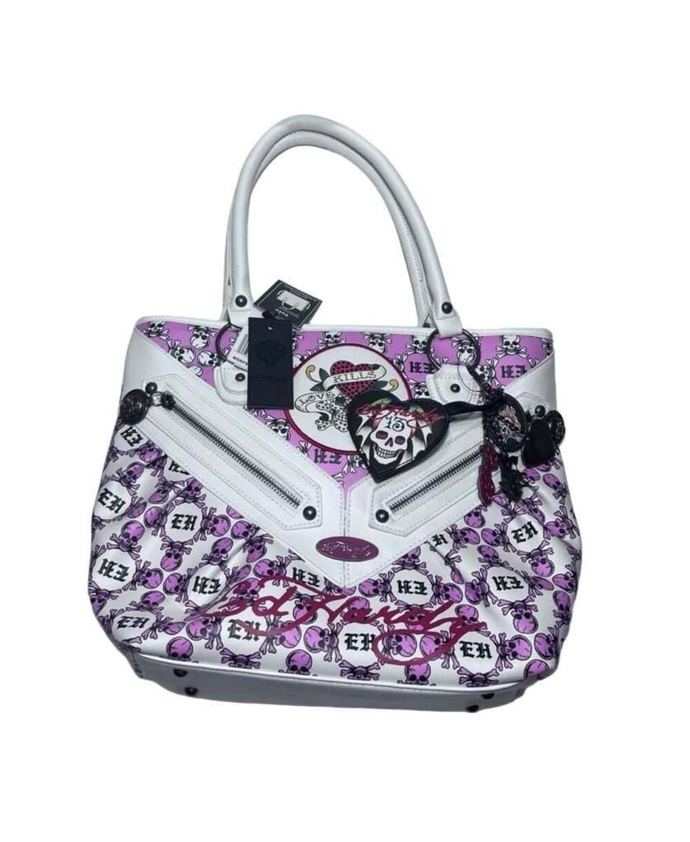 Ed Hardy Love Kills Slowly White and Pink Skull Tattoo Tote Handbag